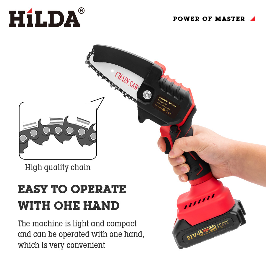 La sierra de cadena eléctrica sin escobillas HILDA se puede usar con la sierra eléctrica de alta potencia de las manos izquierda y derecha de gran capacidad