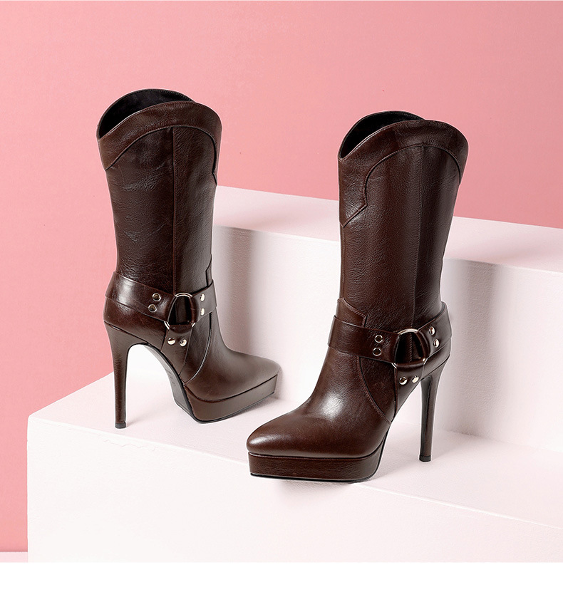Boot nữ cổ cao ôm bắp chân mũi nhọn da thật, gót platform 10 cm, phong cách retro châu Âu — Lớp lót đơn màu trắng 10cm chi tiết 10
