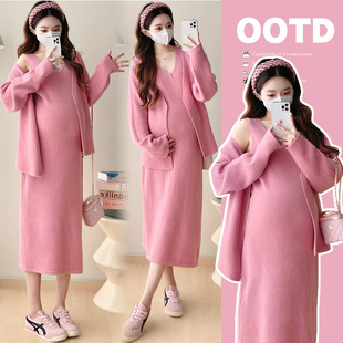 Maternity Autumn Dress New High-End Korean Style Maternity Wear Knitted V Neck Vest Dress Fashionable Mom Skirt