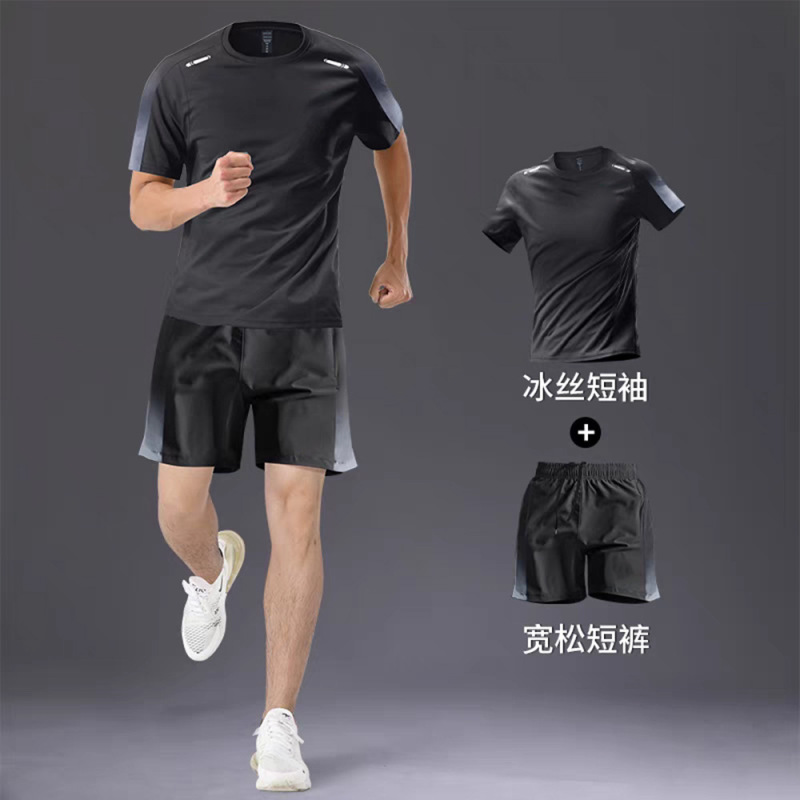 速乾性 Tシャツメンズスポーツスーツルーズアイスシルクランニングスーツカップル夏のアウトドアフィットネススーツ半袖スーツ|undefined