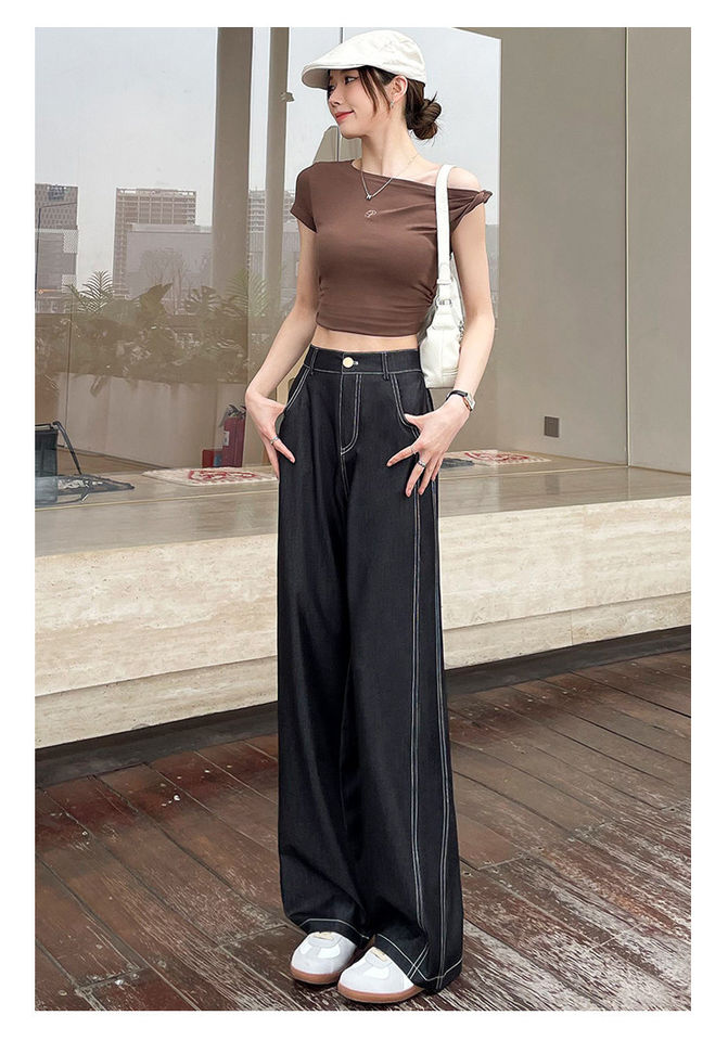 Quần ống rộng giả denim Lyocell Tencel cạp cao dáng mỏng, form suông rủ nhẹ — Denim đen thông thường, Người nhỏ nhắn màu trắng, Quần jean đen cho người nhỏ nhắn, Quần jean đen dáng dài chi tiết 28