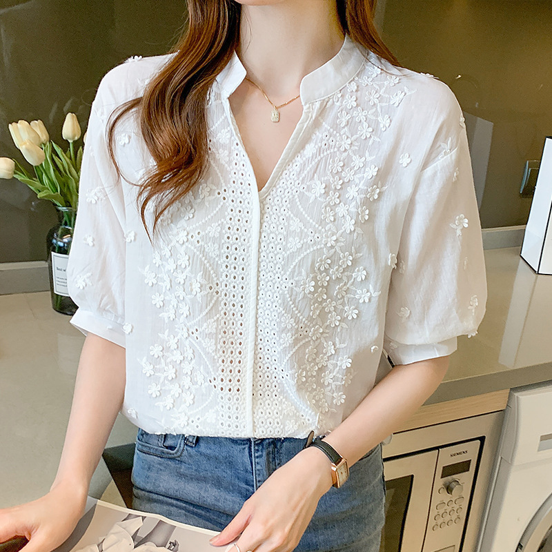 New White Shirt for Women, Summer 2026 New Style, Embroidered Hollow-Out Half-Sleeve Top, Loose Puff Sleeve Thin Shirt New White Shirt for Women, Summer 2026 New Style, Embroidered Hollow-Out Half-Sleeve Top, Loose Puff Sleeve Thin Shirt