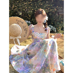 女性のためのロングプリントウエスト A ラインサスペンダードレス夏フレンチカジュアル女性のレトロな気質ハイエンドスカート