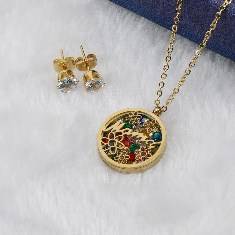 Fashion Round Letter Flower Stainless Steel Hollow Out Zircon Earrings Necklace 1 Set