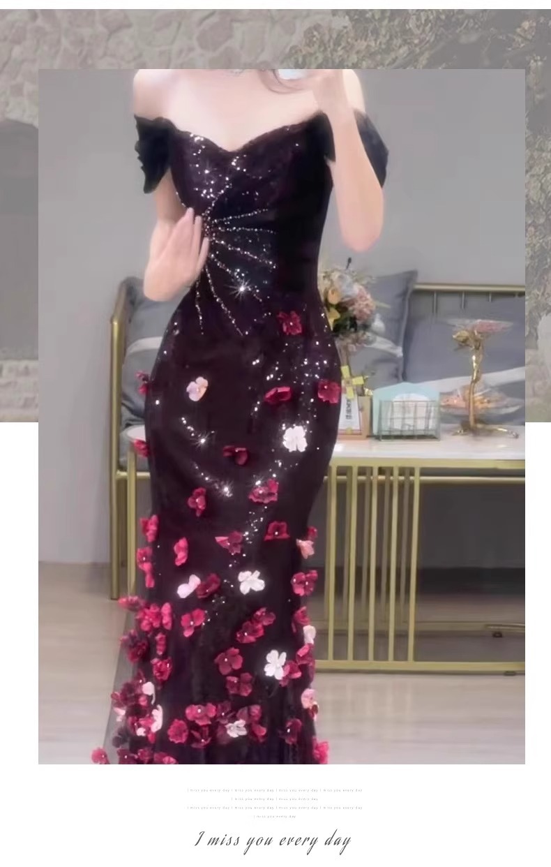 Off The Shoulder Bridal Toast Dress Floral Sequined Ethereal Beauty Mermaid Evening Gown For Engagement Party Hostess Style_ecoleips.com