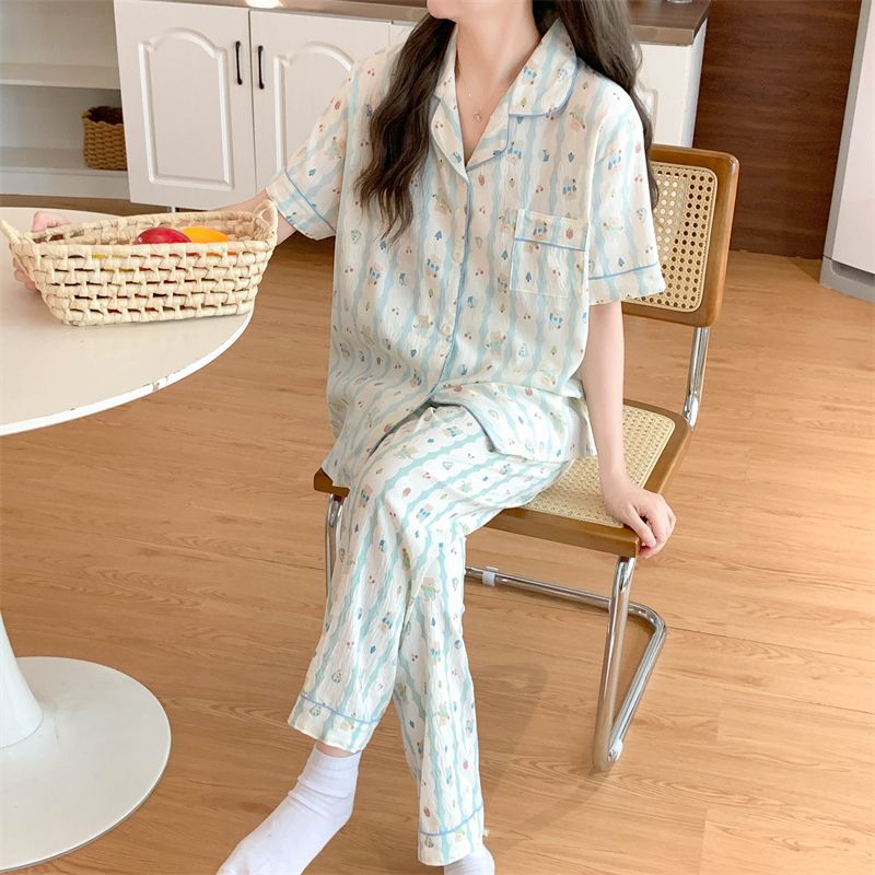 Pantalones de mangas cortas de verano de dos piezas nuevas parejas nubes pijamas de algodón de niñas impresión de dibujos animados ropa para el hogar