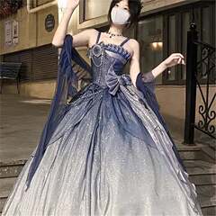优雅蓝色花嫁细闪Lolita婚纱礼服成人礼连衣裙jsk洛丽塔礼服裙女