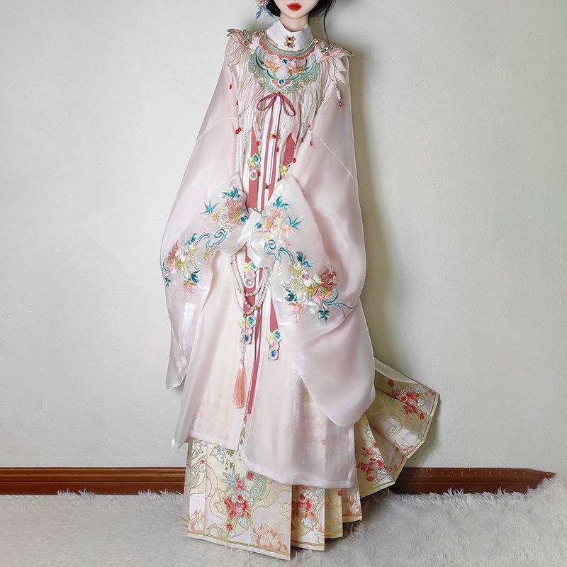 New Adult Women's Hanfu with Floral Embroidery, Cloud Shoulder Hanfu, Women's Stand Collar Ming-Style Mamian Skirt for Spring and Autumn