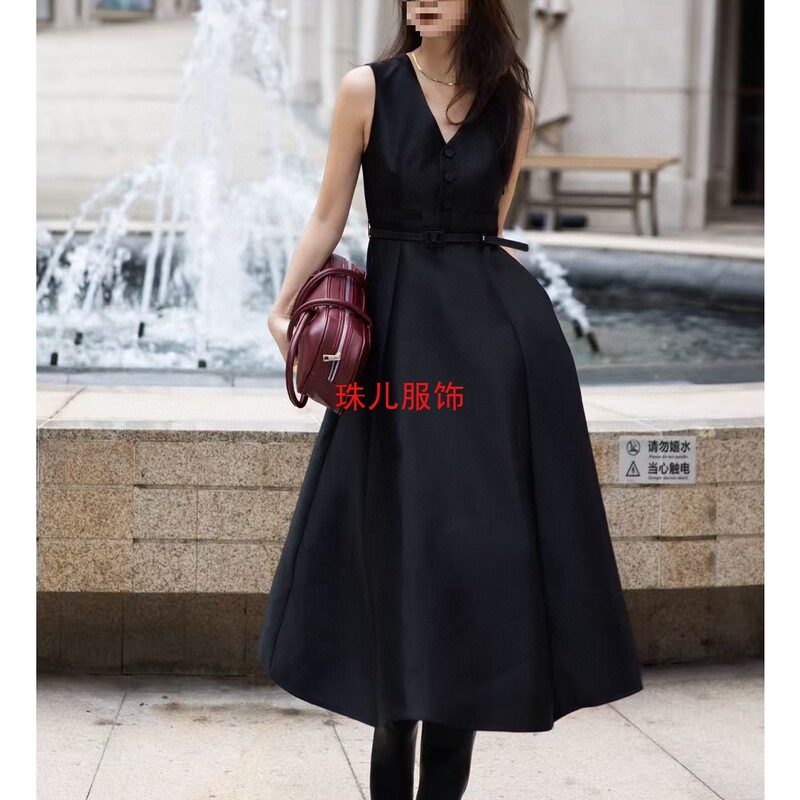 White Wind Long Light Mature Black Simple French Collar Dress Women's Waist Vest Long Skirt Collar Sleeveless