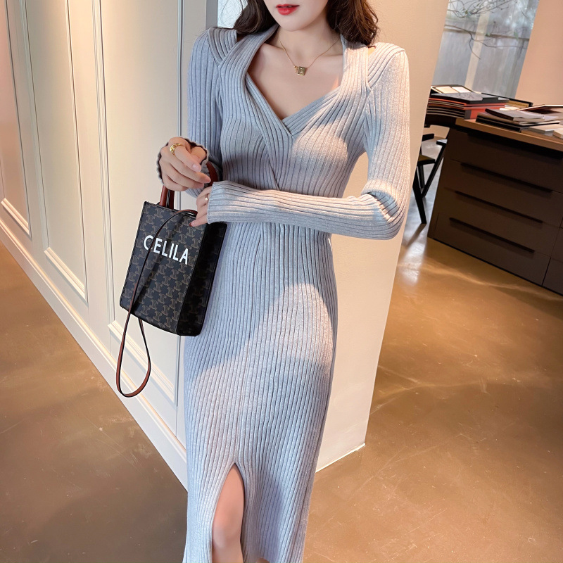 V-neck twist low-cut strapless slit knit dress nihaostyles clothing wholesale NSFYF85681