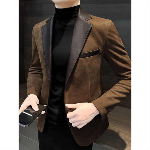 High-end Leisure Suit New Hong Kong Style Western Suit Autumn/Winter Splicing Outerwear Men's Leather Cowhide Cool Style Machine Washable