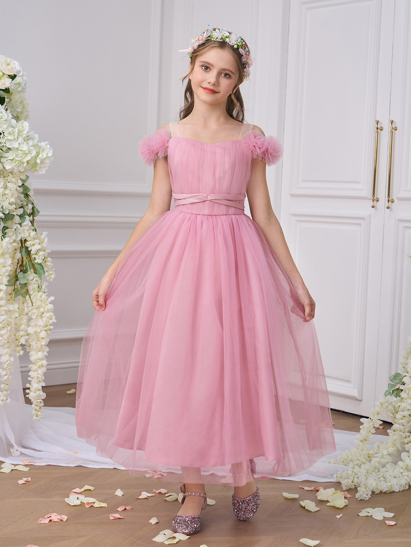 Nuevo vestido de niños grandes un hombro vestido de niña floral vestido de red vestido de princesa vestido de cumpleaños vestido de desfile
