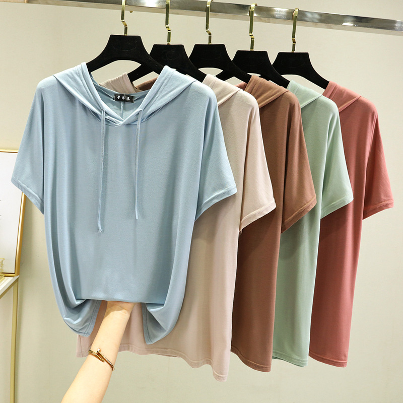 Autumn Short-sleeved Blue Loose Korean-style Solid Color Hat Collar Side Split Modal Elegant Commuter Pullover T-shirt Autumn Short-sleeved Blue Loose Korean-style Solid Color Hat Collar Side Split Modal Elegant Commuter Pullover T-shirt