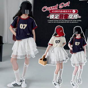 2025 Girls Spring and Summer New Internet Celebrity Sports Hip Hop Casual American Style Retro Printed T-Shirt Lace Dress suit 9
