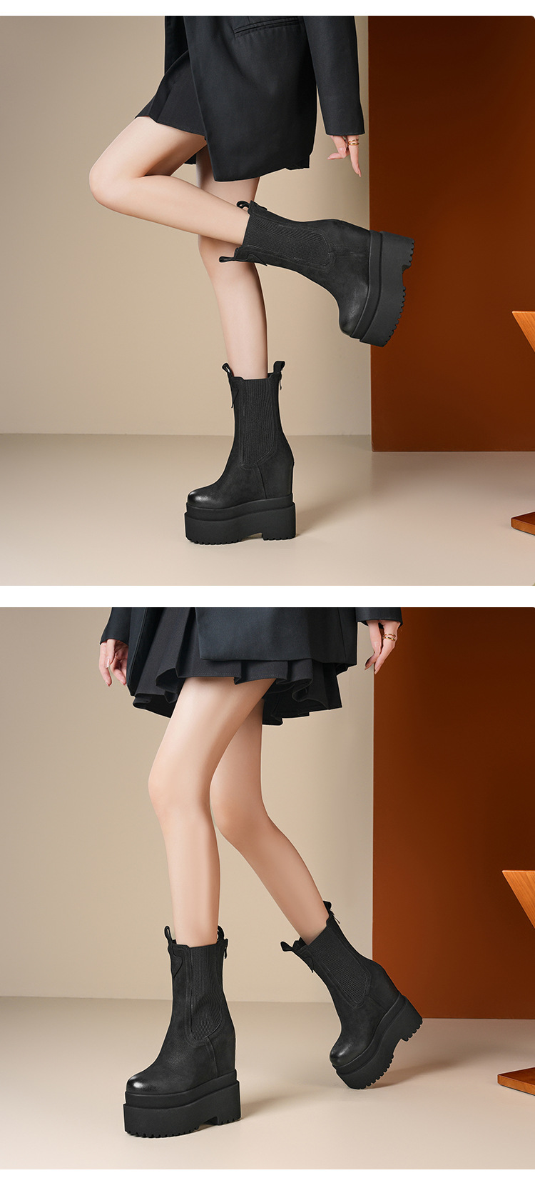 Boot Chelsea nữ cổ thun đế siêu cao 16cm da thật — Màu đen lót nhung chi tiết 1