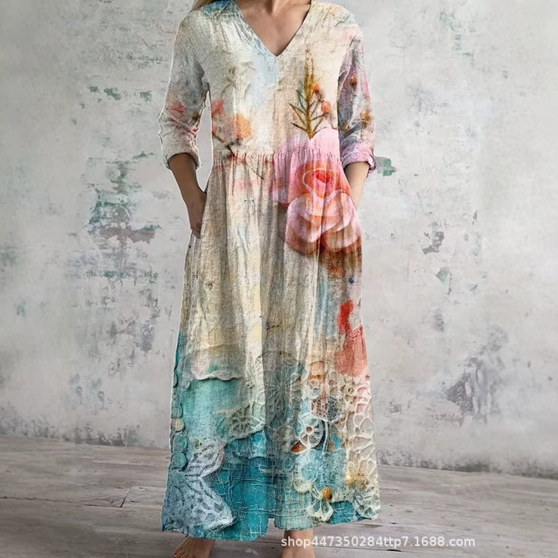 Cross-Border Exclusive Supply of Watercolor Floral 3D Printed V-Neck Long Dress, Plus-Size Loose Long-Sleeve Women's Clothing Cross-Border Exclusive Supply of Watercolor Floral 3D Printed V-Neck Long Dress, Plus-Size Loose Long-Sleeve Women's Clothing