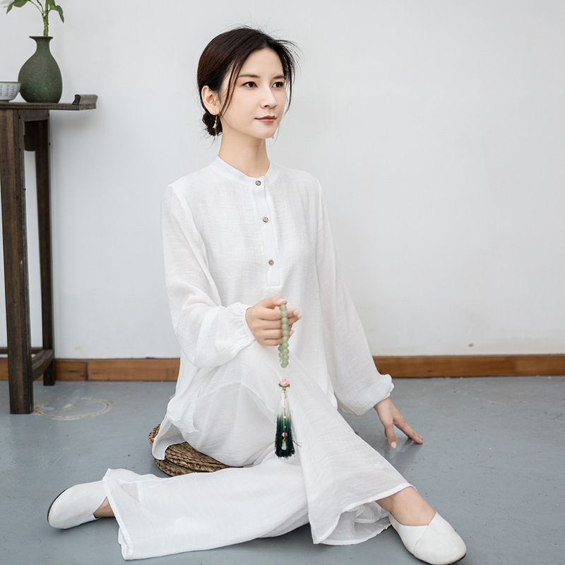 2025 秋冬長袖エスニックスタイル綿とリネン禅在家服瞑想スーツ中国風茶服健康耳かきスーツ|undefined