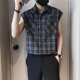 山力达迪设计感痞帅男装潮牌格子无袖毛边衬衫宽松2026夏季坎肩背