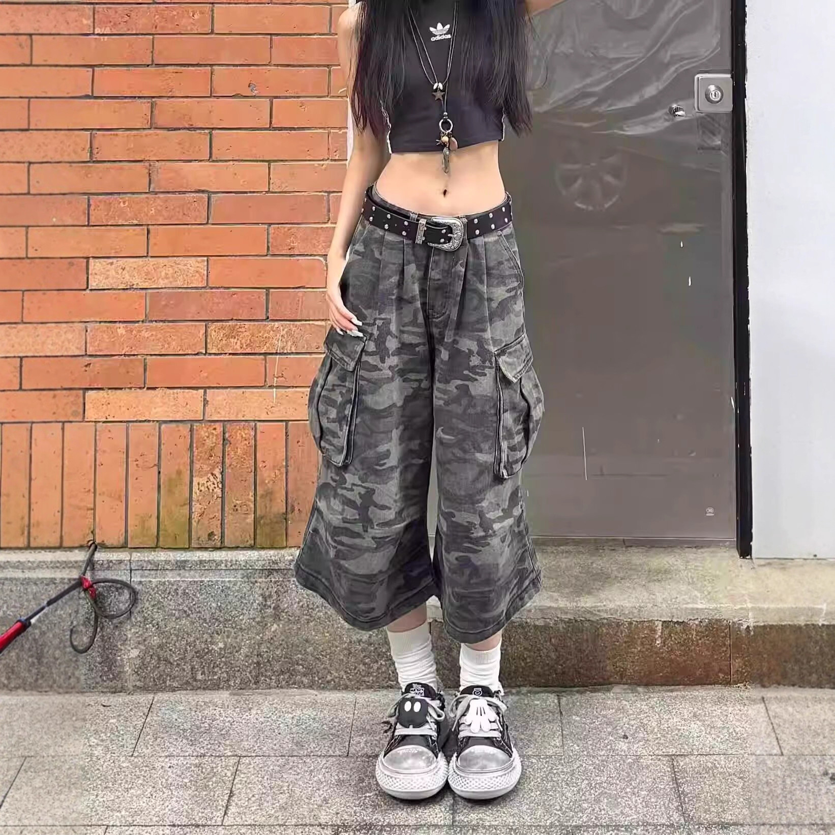 美式复古迷彩阔腿休闲裤男女夏季时尚百搭高腰宽松直筒工装七分裤