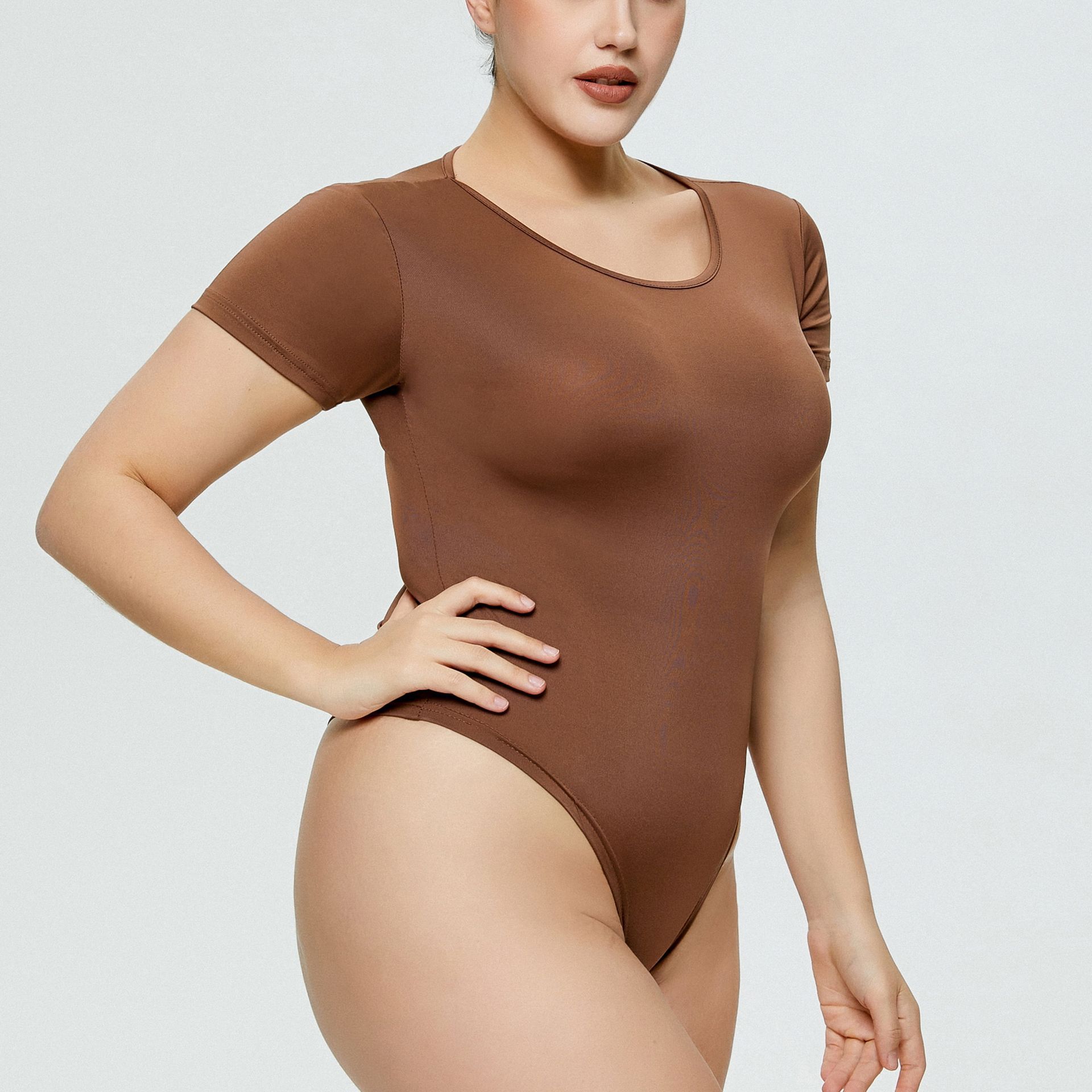 Venta caliente de la manera del comercio exterior europeo y americano más el tamaño de las mujeres bodysuit versátil bottoming cuello redondo de manga corta de una pieza calzoncillos