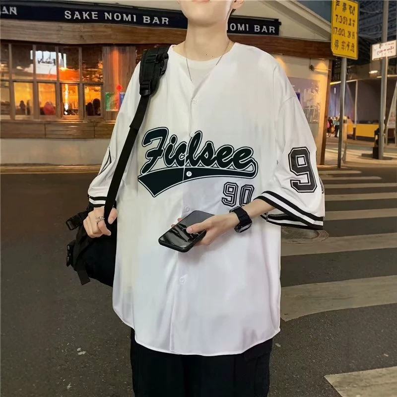 2026 Cardigan Printed Short-Sleeve T-Shirt for Men and Women, Summer Ins Hong Kong Style Retro Baseball Shirt, Loose Half-Sleeve