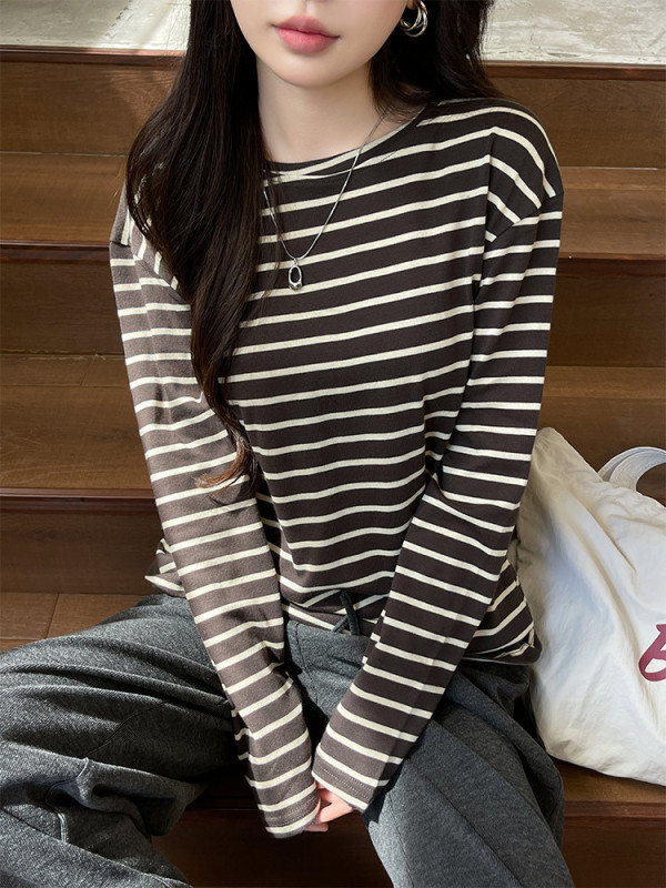 韩系慵懒设计感条纹复古长袖卫衣女秋季小众休闲圆领宽松套头上衣|undefined