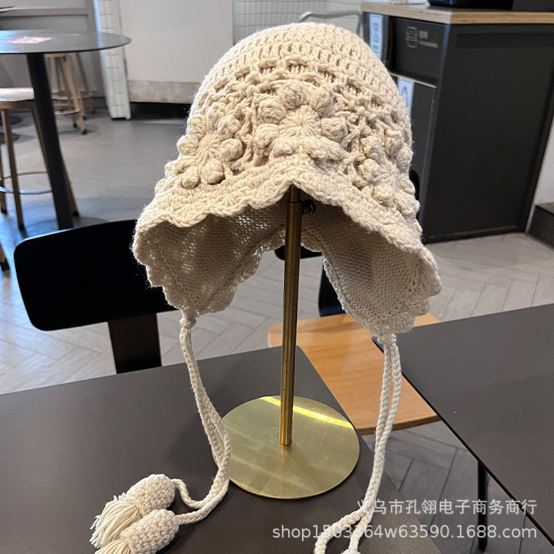 帽子女款2025新款民族风花朵手工针织护耳帽秋冬氛围感流苏套头帽|undefined