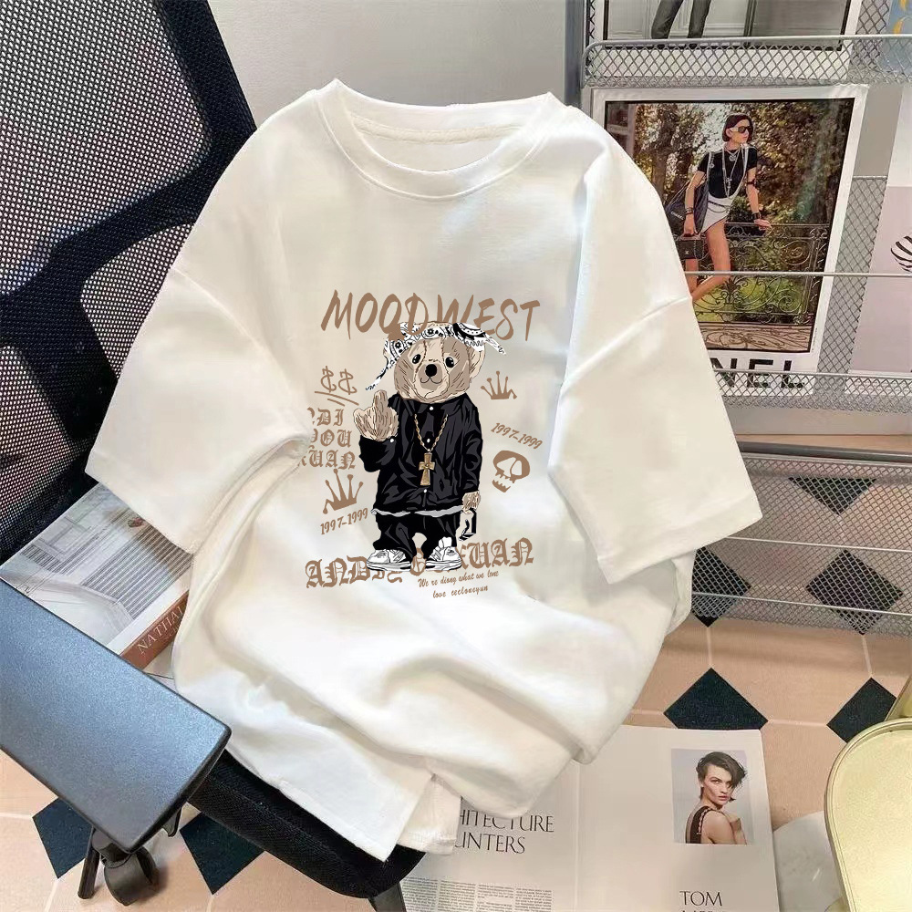 厂家批发潮流夏季小熊印花图百搭五分袖宽松上衣时尚情侣款T恤衫