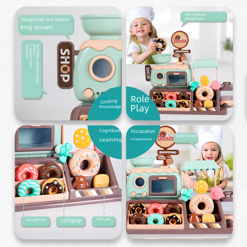 Kids Donut Toy Candy Ice Cream Truck Supermarket Girls Boys Kitchen Play Set Sound and Light Oven