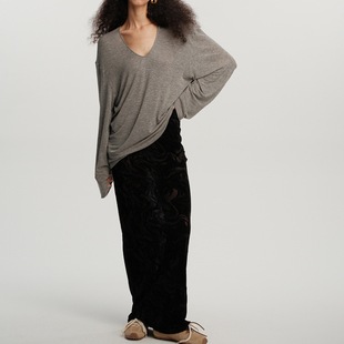 Japanese Imported Tencel Wool Delicate Skin-Friendly Shoulder Shape Bat Sleeve Deep V-Neck Base Shirt T-shirt Long Sleeve Autumn