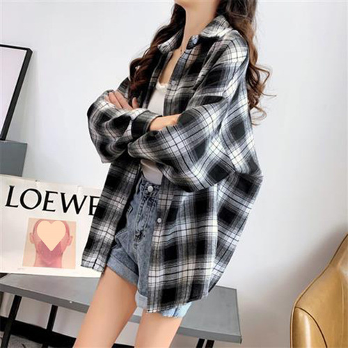 Women's Spring and Autumn New Design Grid Shirt, Unique Loose Long-Sleeve Retro Hong Kong Style Casual Blouse