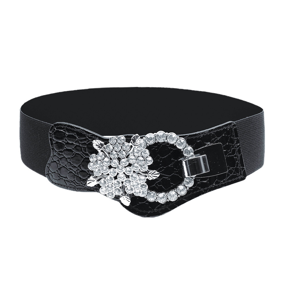 Cintura larga elastica nera alla moda da donna con decorazioni di diamanti, vestito, cappotto, chiusura in vita, strass, ragazza alla moda e paffuta_voghion.com