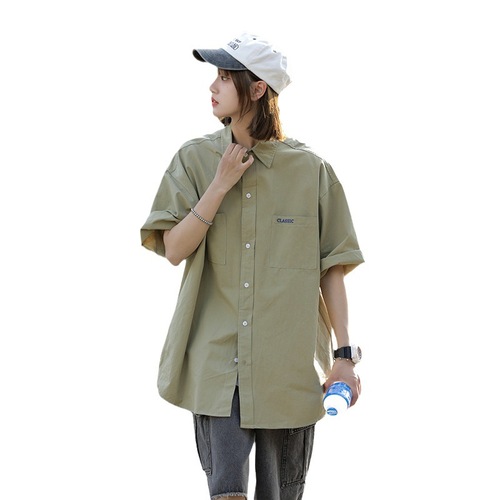 Green Workwear Short-Sleeve Shirt for Men, Trendy Brand, City Boy, Japanese Couple's Style, 7/8 Sleeve Blouse, Summer Thin Version