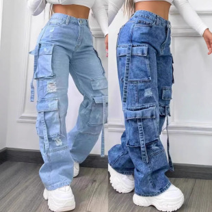 European and American Foreign Goods New Fashion Large Size High Waist Multi-Pocket Casual Denim Trousers Cargo Pants Women's 2025