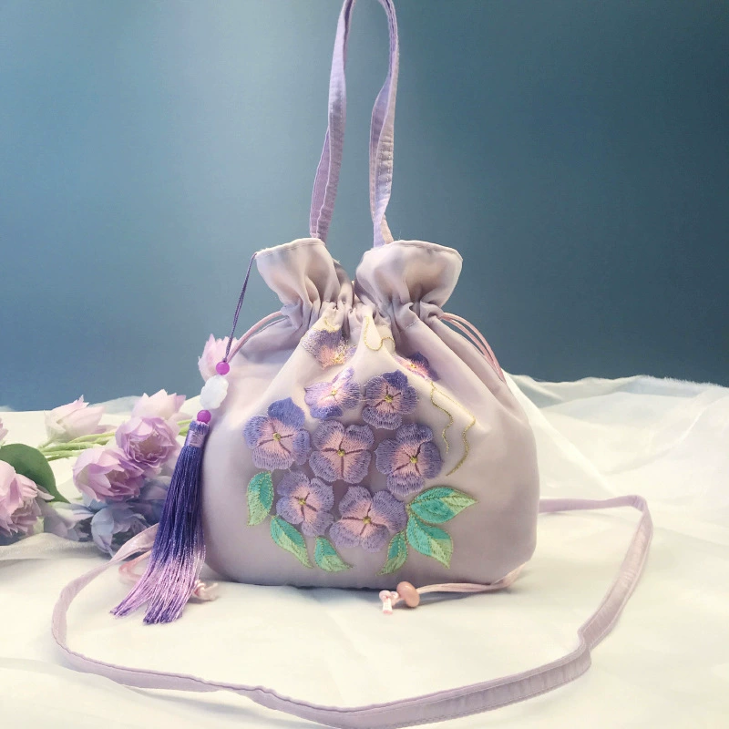 Handheld Hanfu Drawstring Bag, Embroidered Tassels, 22×22 cm, Handmade Accessory