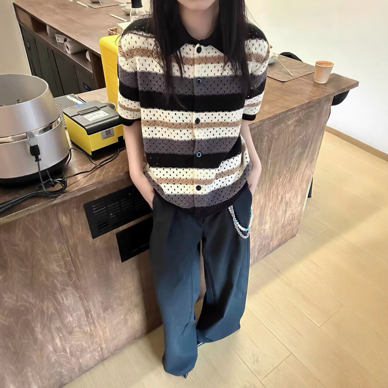 Unique Trendy Hollow Striped Expanded Cotton Knit Short-Sleeve Cardigan for Men, Summer New Aristocratic Old Money Style, Regular Shoulder Boxy Top