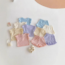 ins韩版多巴胺色系木耳边纯色圆领飞袖衫+短裤套装女宝宝时尚夏季