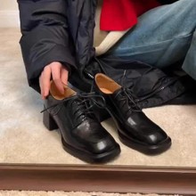 【现货】手抓羊皮~巨舒服~新款真皮单鞋女粗跟小皮鞋复古系带乐福