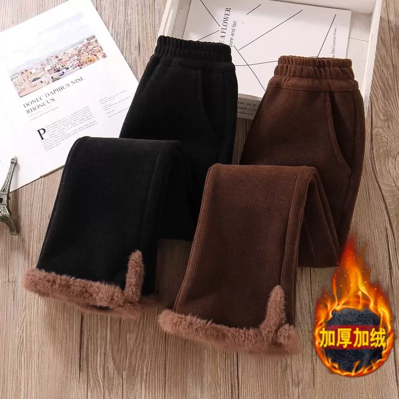 女童冬季加绒裤子童装保暖高腰洋气一条过冬灯芯绒儿童喇叭长裤子