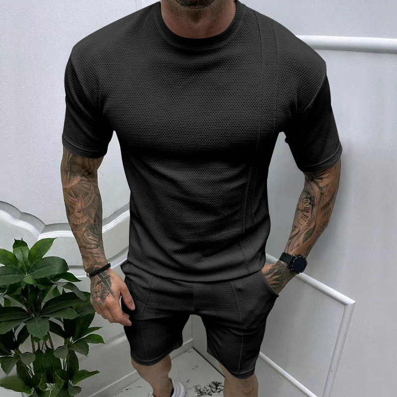 Nuevo Europa y los Estados Unidos transfronterizos ventas calientes para hombres de verano de color sólido pantalones cortos casuales de manga corta conjunto deportivo de verano conjunto de dos piezas