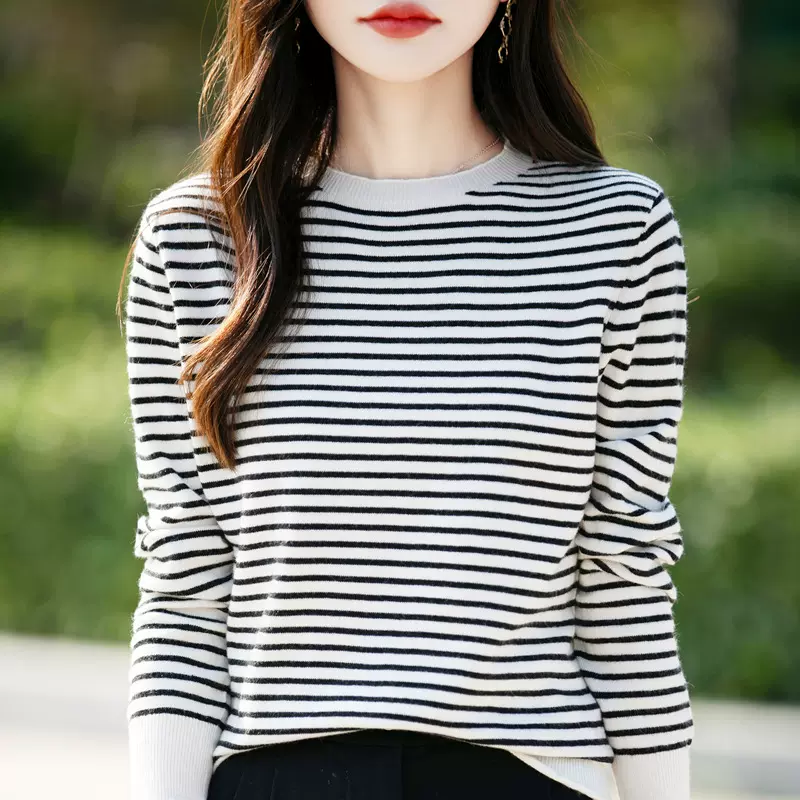 秋季新款套头毛衣短袖女安迪绒圆领针织打底衫女条纹韩版外贸批发