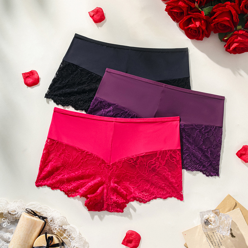 Ropa interior de mujer de talla grande europea y americana personalizada, ropa interior de encaje de encaje elástico alto de cintura alta, ropa interior bóxer transpirable de algodón, mujer