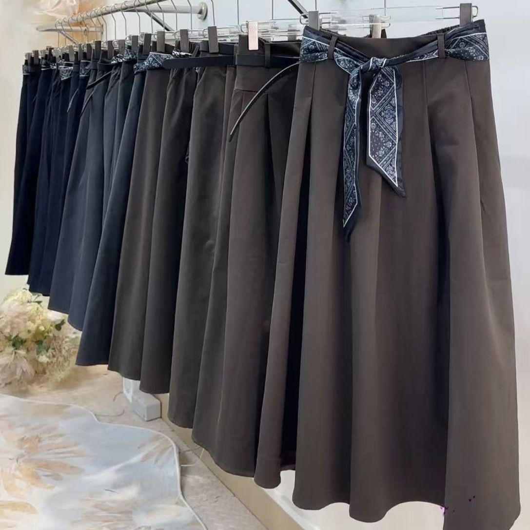Pleated Skirt, Midi Skirt for Women, Spring and Autumn, Petite Size, Tie-Up, Mid-Length, A-Line, Flared Skirt, Women's Clothing, Clearance Wholesale
