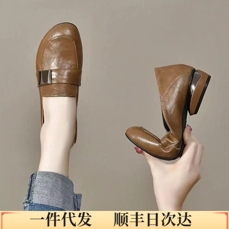 乐福鞋女真皮英伦小皮鞋软底圆头粗跟单鞋百搭中跟春秋季棕色女鞋|undefined