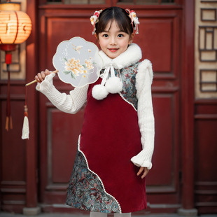 2024 New Girls' Chenille New Year suit Winter Children's Baby fleece-lined Tang Suit New Year's Eve Clothes