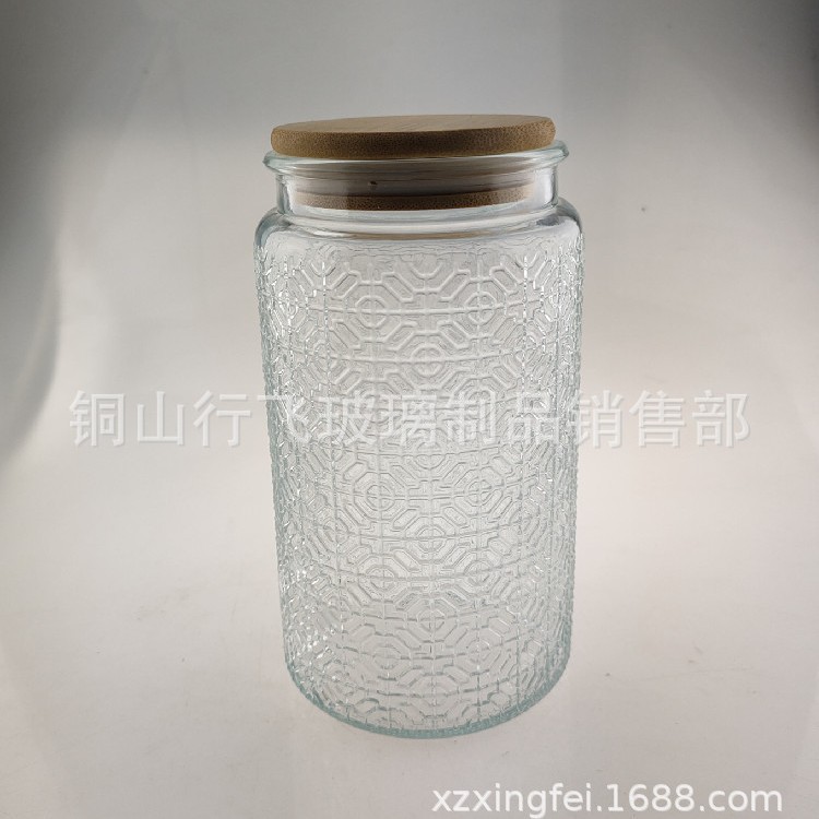 Frasco de vidrio de 1000ml con relieve de begonia y tapa de bambú, para almacenar té o granos