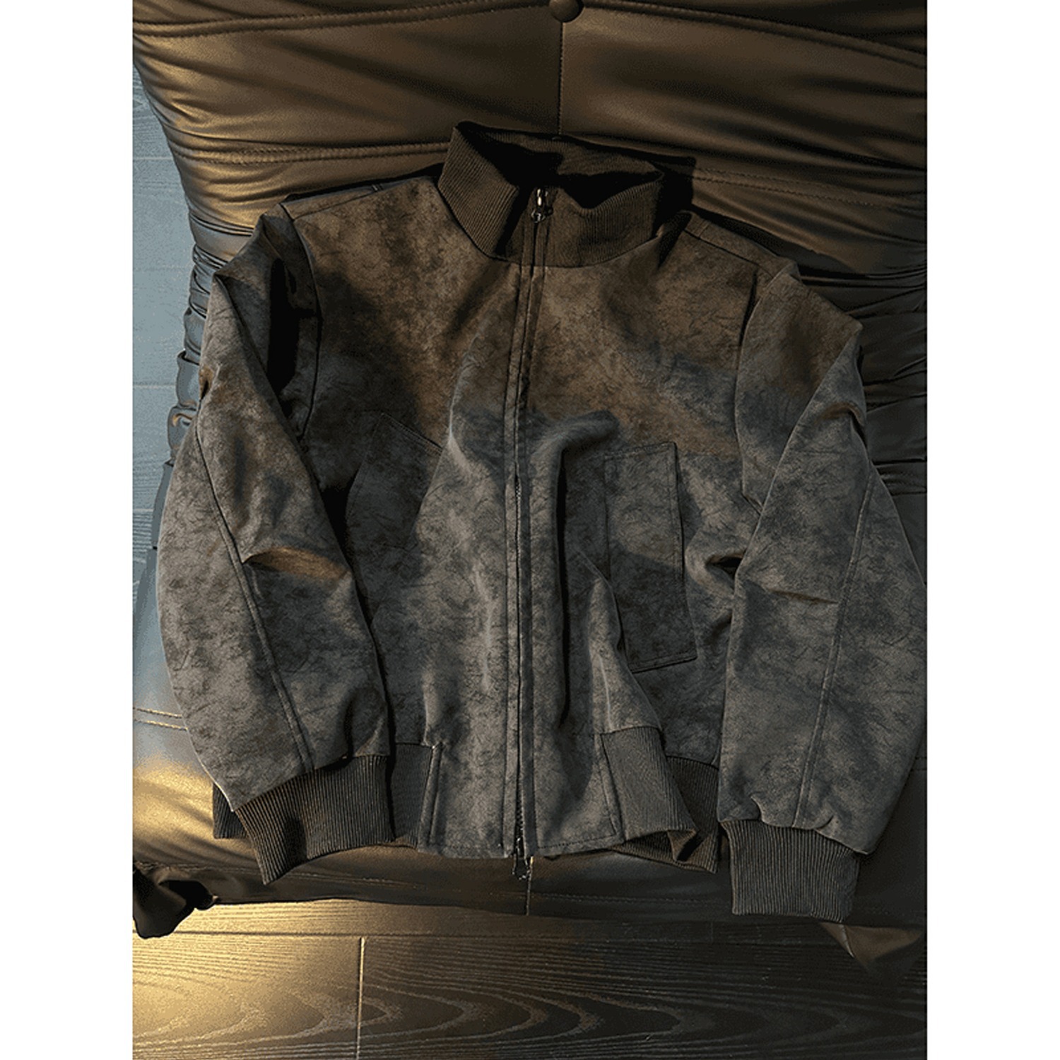 Black American tie-dye PU leather jacket/cotton coat for men, winter fleece-lined warm Jinjiang cotton-padded baseball jacket.