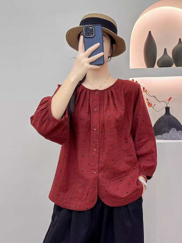 文艺小碎花印花圆领双层棉纱衬衫女秋季新款宽松大码休闲显瘦上衣|undefined