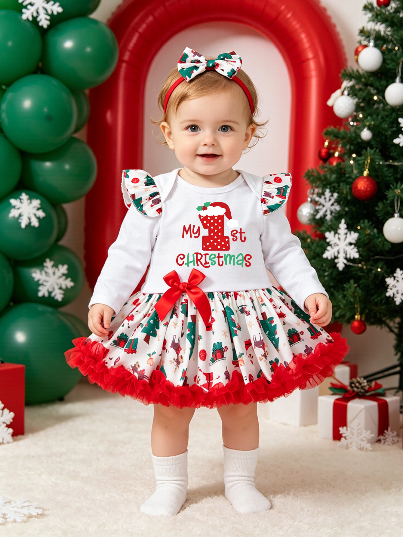 Christmas Children's Clothing Autumn and Winter Baby Printed Long-Sleeve Romper Dress Hair Accessories 2-Piece Set Cross-Border Exclusive Supply