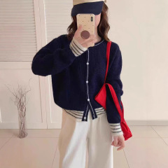 秋日慵懒！2025新款韩版减龄撞色设计感圆领宽松休闲毛衣外套女